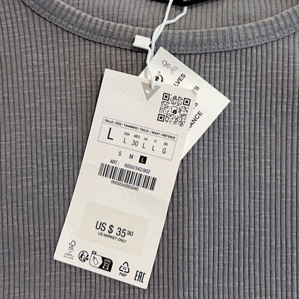 Zara Ribbed Cropped Long Sleeve Shirt New Large Grey Boho Flirty Staple Warm - Picture 3 of 7